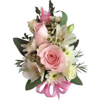 A pink rose and white flower corsage.