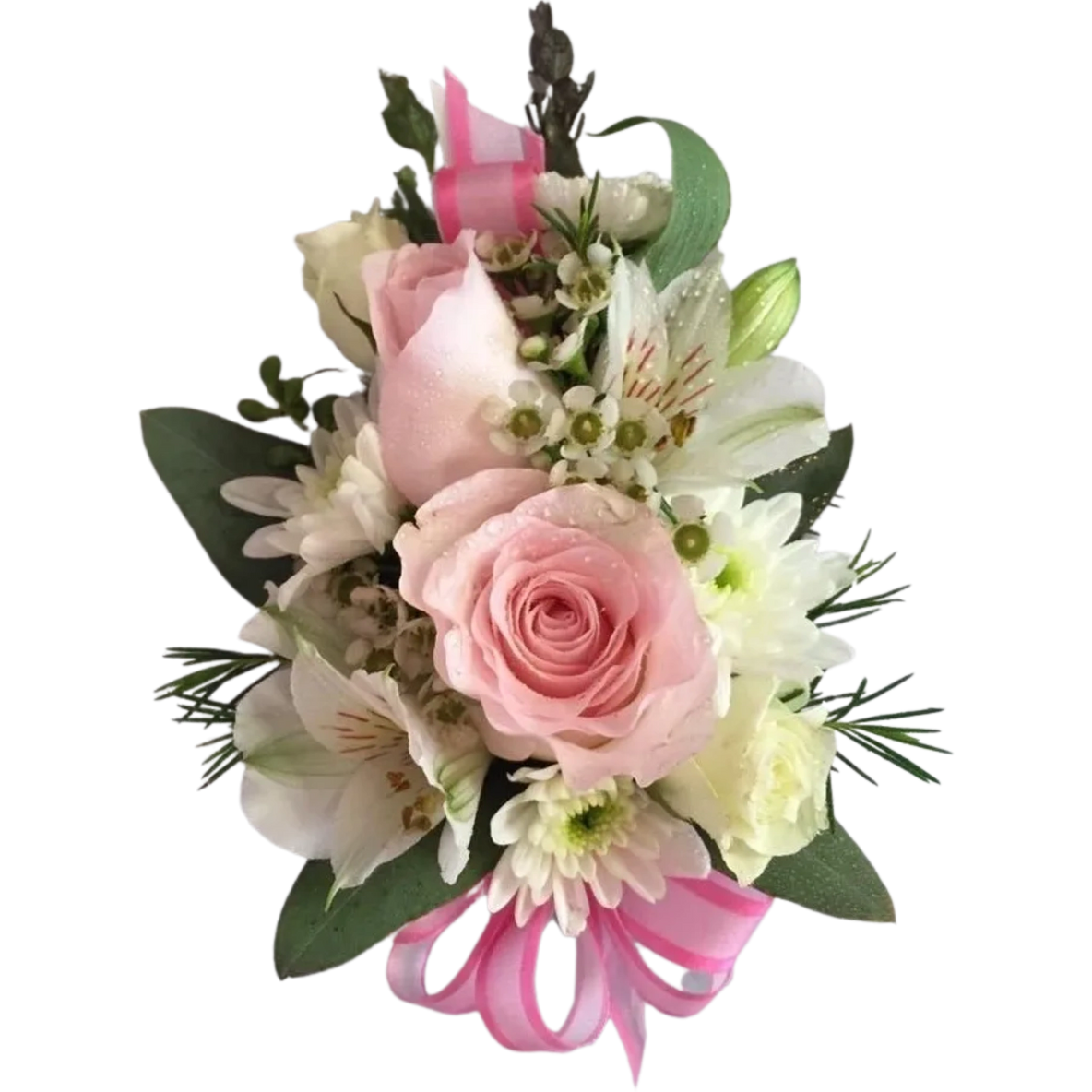 A pink rose and white flower corsage.