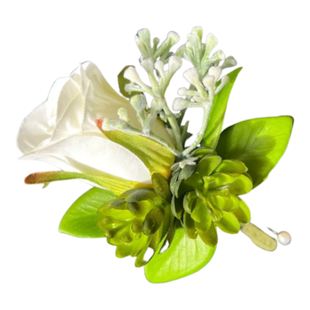 A white flower with green leaves on it.