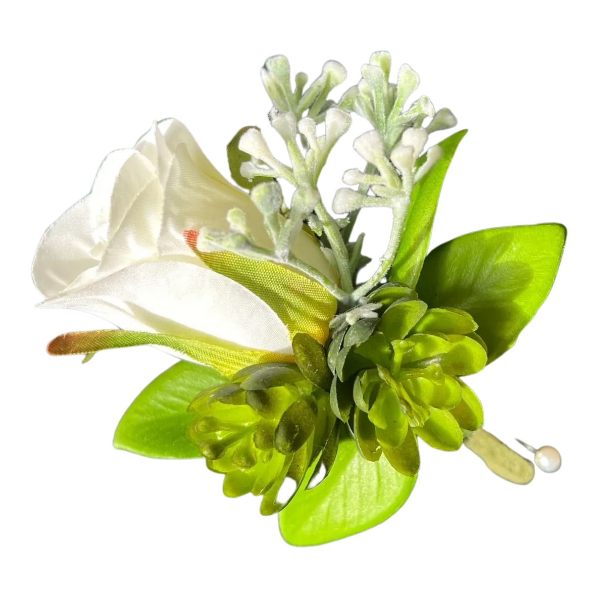 A white flower with green leaves on it.