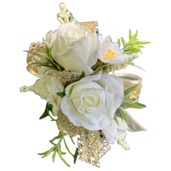 A white rose corsage with greenery and gold leaves.