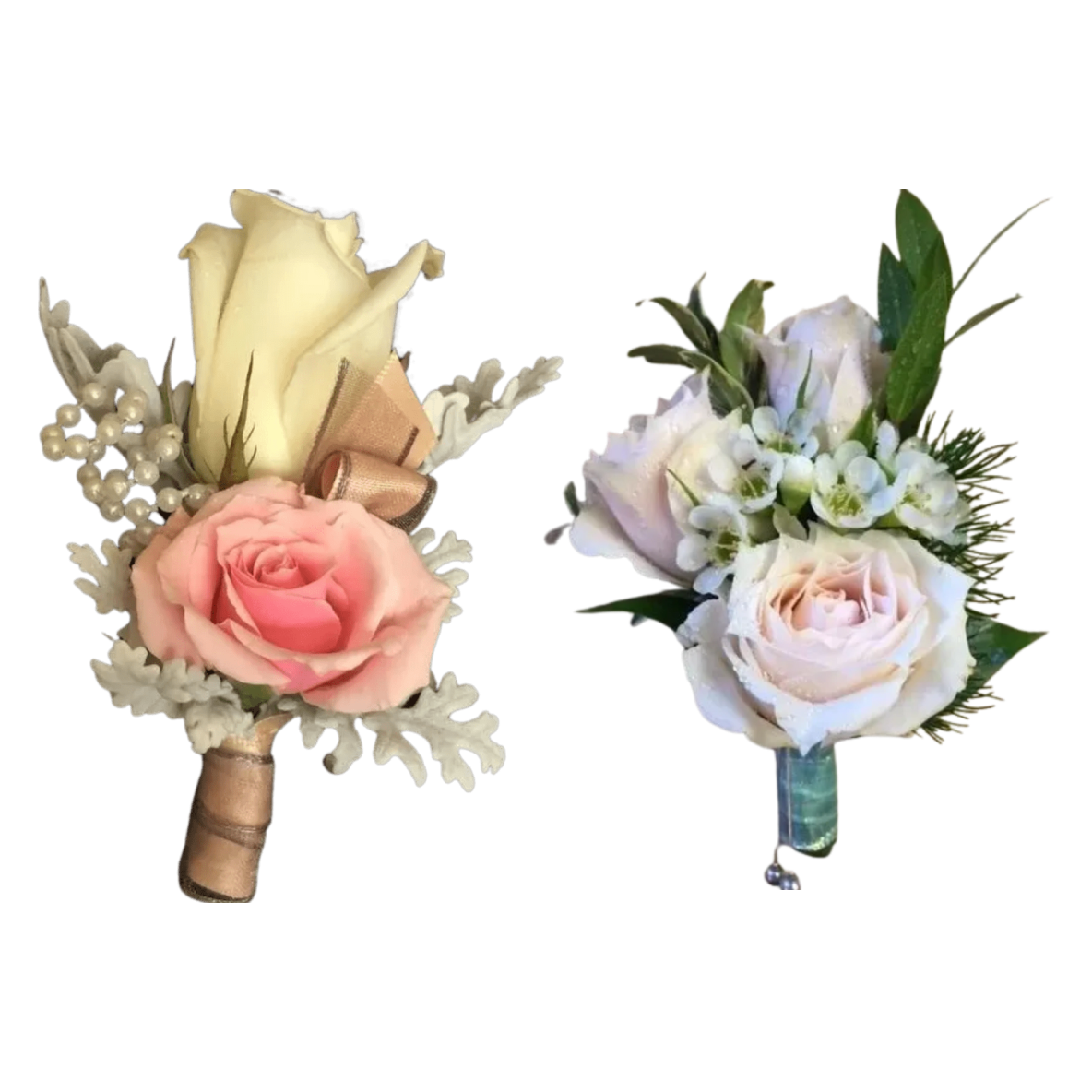 Two rose boutonnires for wedding ceremony.