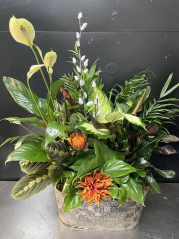 Flower arrangement in a decorative pot.